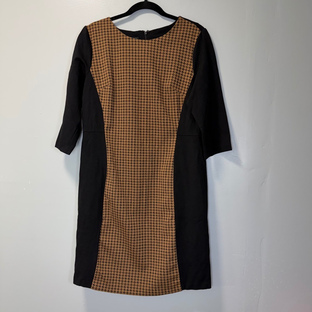 Talbots Petites Houndstooth Sheath Dress Brown Black 3/4 Sleeve 14P IDO04875